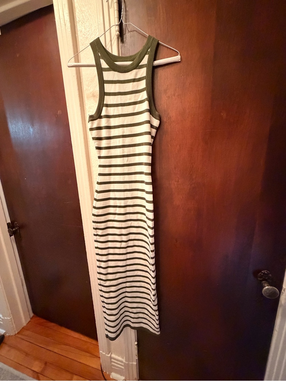 Sleeveless Olive and White Striped Maxi Dress